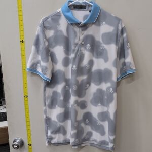 G/Fire Size L Golf Shirt Gray and Blue Polo Shirt. Skull Design
